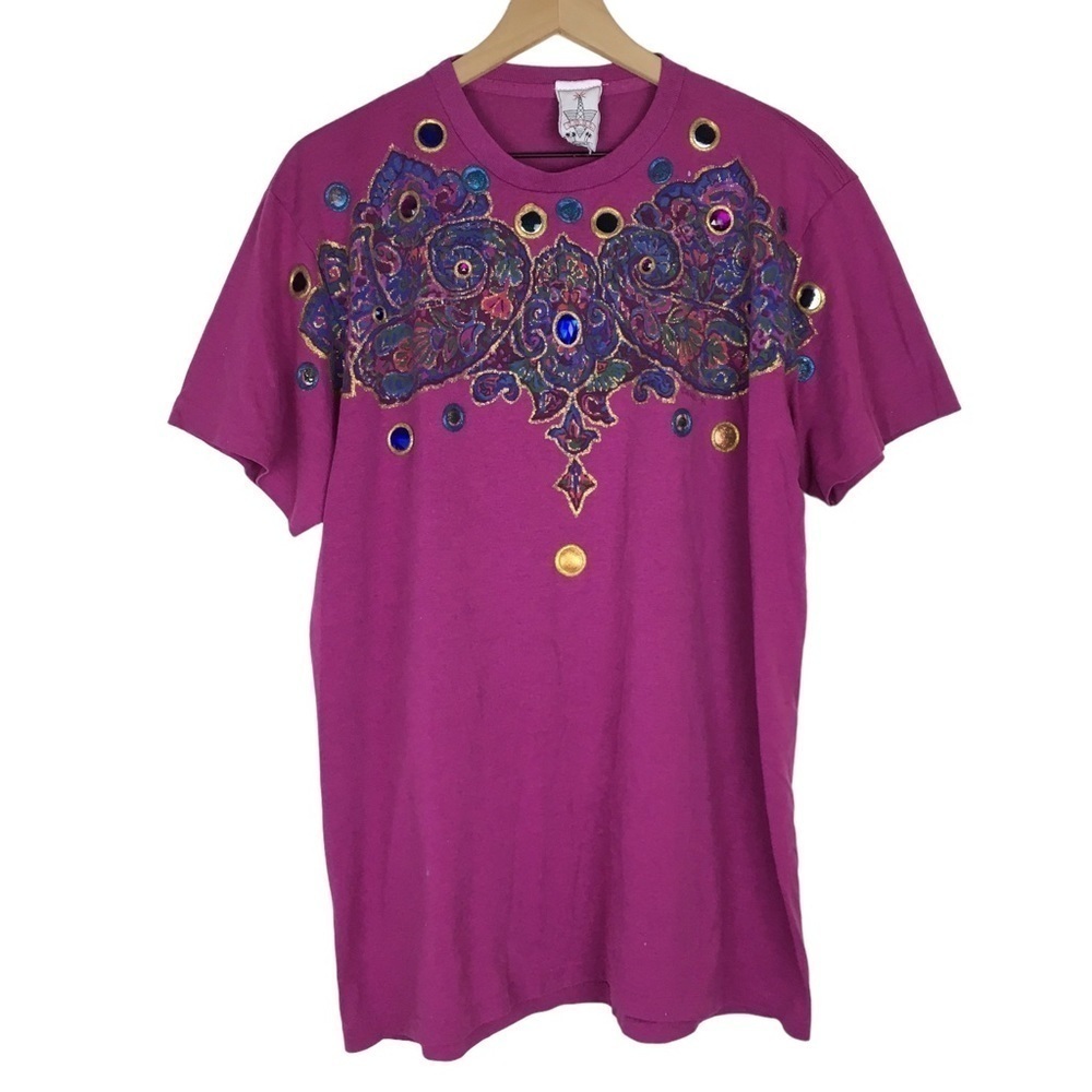 VINTAGE KWBL Radio Los Angeles Painted Bejeweled T Shirt One Size Raspberry